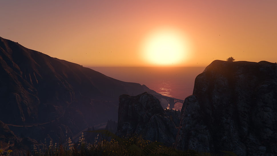 cliffs and bridge during sunset, Grand Theft Auto V HD wallpaper