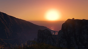 cliffs and bridge during sunset, Grand Theft Auto V