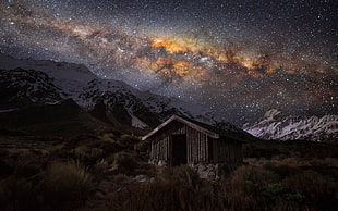 brown wooden cabin, nature, landscape, starry night, hut