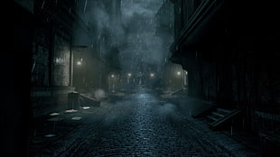 rain pouring on empty alleyway during nighttime digital wallpaper, video games, screen shot, BioShock Infinite: Burial at Sea