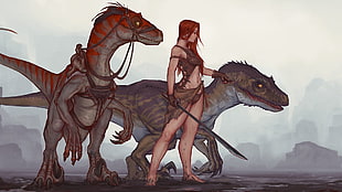 woman with dinosaurs illustration HD wallpaper