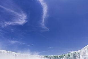 waterfalls caption under clear blue skies