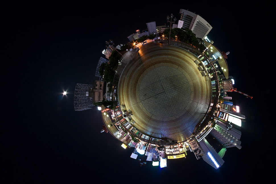 round gold-colored analog watch, panoramic sphere, building, night HD wallpaper