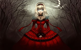female anime character with blonde hair in red long-sleeve dress photo