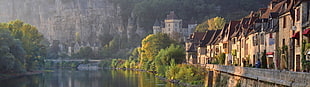village near body of water, landscape, France, La Roque Gageac, nature