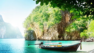 brown jon boat on shoreline, Thailand, Thai, sea, water