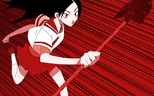female anime character holding shovel digital wallpaper