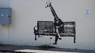 giraffe sitting on bench wall art, artwork, animals, graffiti, wall
