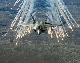 gray aircraft, F22-Raptor, flares, military aircraft