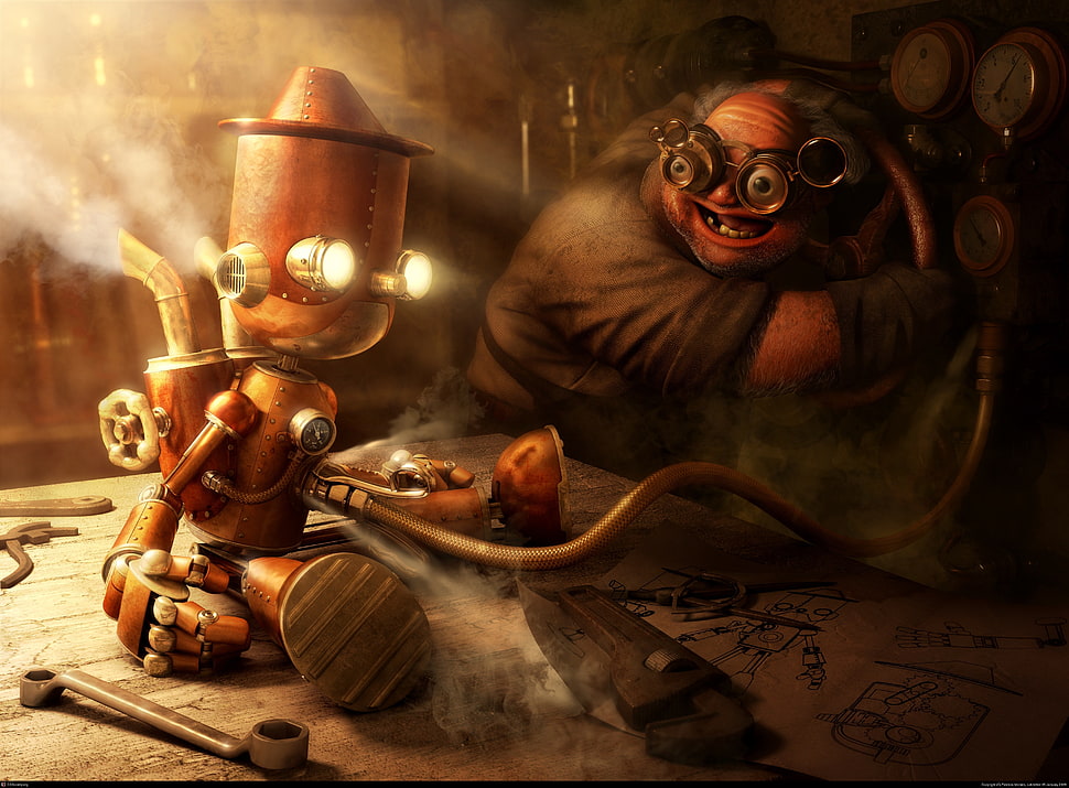 robot and man digital wallpaper HD wallpaper