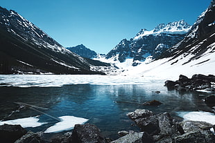 mountain during winter, Mountains, Lake, Ice