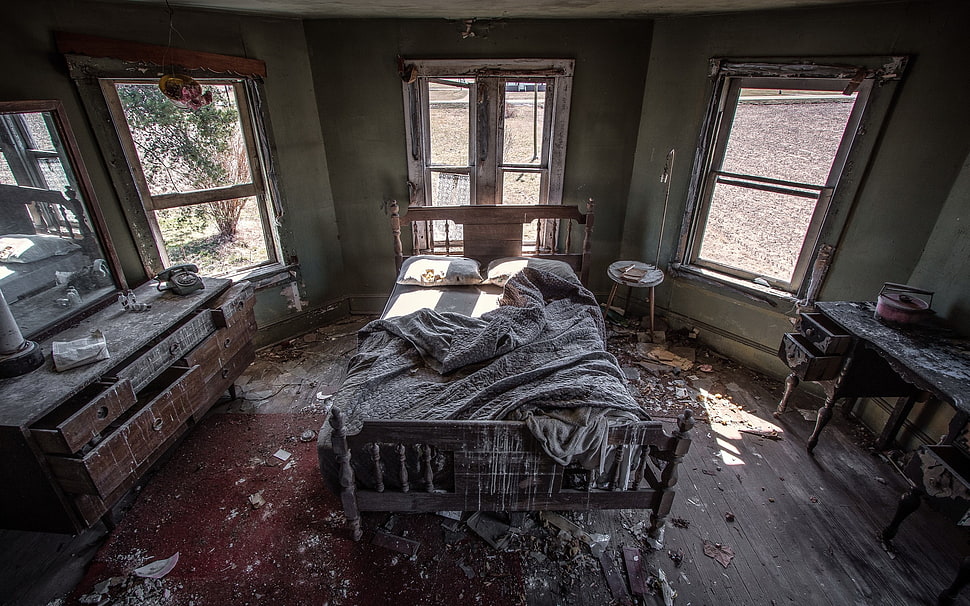 clear glass sash windows, interior, HDR, bed, room HD wallpaper