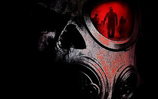 black and red corded headphones, gas masks, skull, apocalyptic, digital art HD wallpaper
