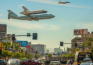white airliner, planes, city, Space Shuttle Endeavour HD wallpaper