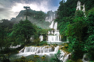 waterfalls between trees HD wallpaper