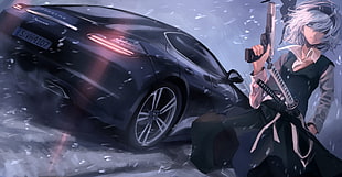 photo of car with person holding gun digital wallpaper HD wallpaper