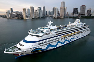 white and blue cruiser ship, cruise ship, AIDA, vehicle, cityscape