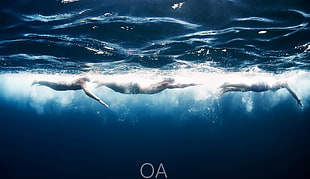 three person swimming in body of water, underwater, swimming, sport , sports