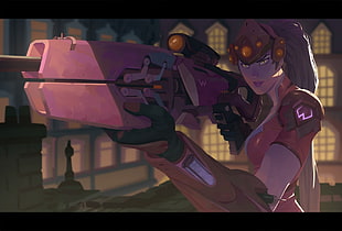 female game character wearing pink armor and holding pink gun wallpaper, artwork, Overwatch, Widowmaker (Overwatch)
