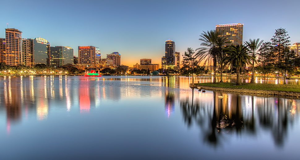 panorama photography of building by the sea, lake eola HD wallpaper