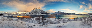 mountain covered snow, winter, Lofoten, Norway, mountains HD wallpaper
