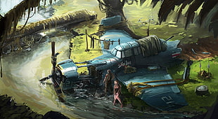 illustration of wrecked plane near river, artwork, aircraft, Grumman TBF Avenger HD wallpaper