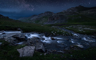 flowing river, landscape, nature, starry night, sky HD wallpaper