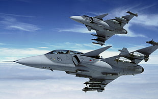 two gray fighter planes, jets, aircraft, JAS-39 Gripen, military aircraft HD wallpaper