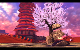 red temple and sakura tree illustration, Fate/Extra, Fate/Stay Night: Unlimited Blade Works, Fate/Zero