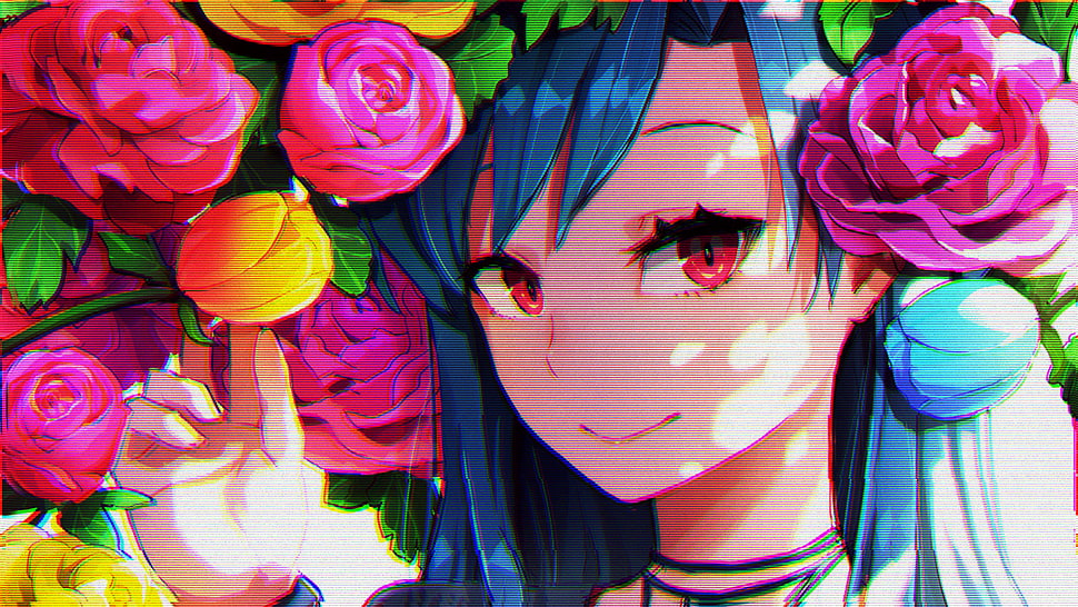 female anime character, anime girls, red eyes, glitch art, flowers HD wallpaper