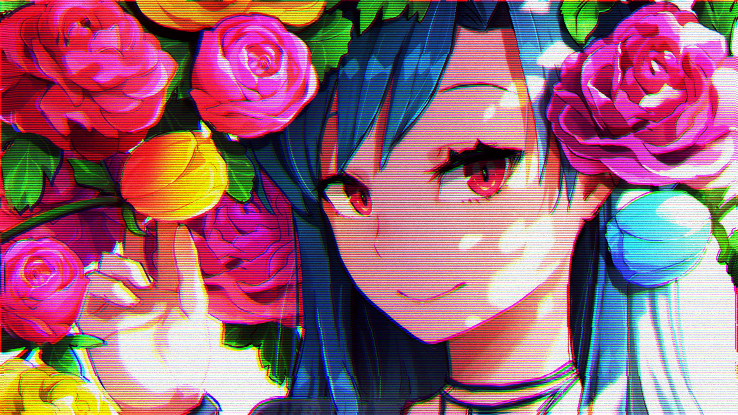 female anime character, anime girls, red eyes, glitch art, flowers