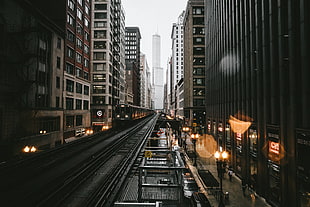 gray train, building, lights, Chicago, evening