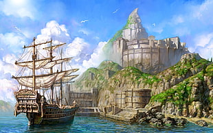 ship near mountain digital wallpaper, ship, fantasy art, sailing ship, artwork HD wallpaper