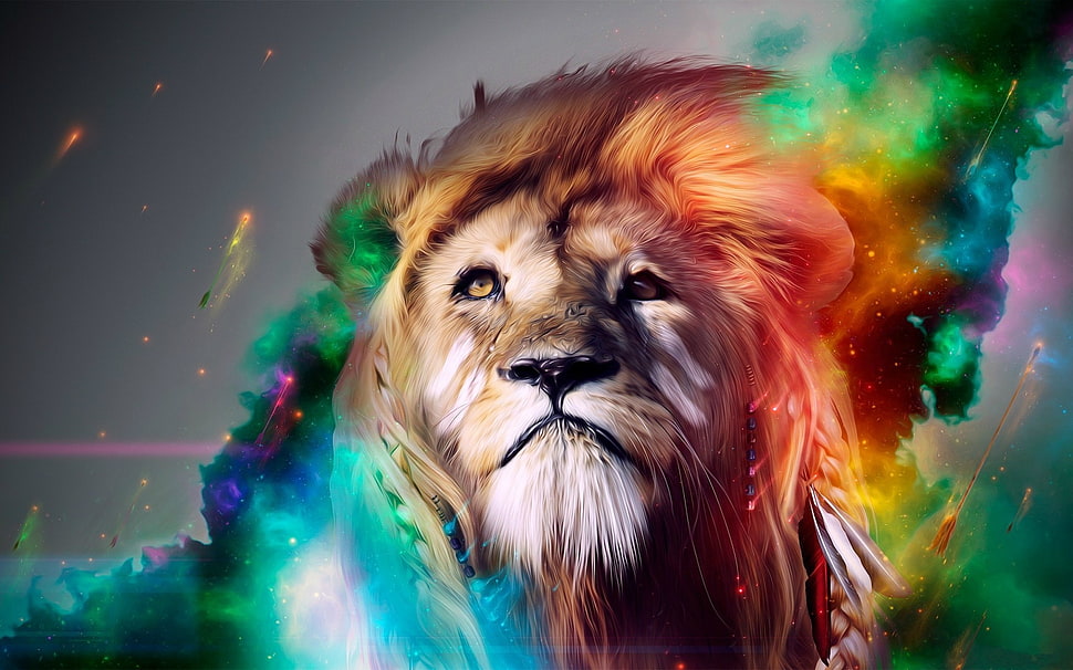 lion head digital artwork, lion, surreal, digital art, animals HD wallpaper