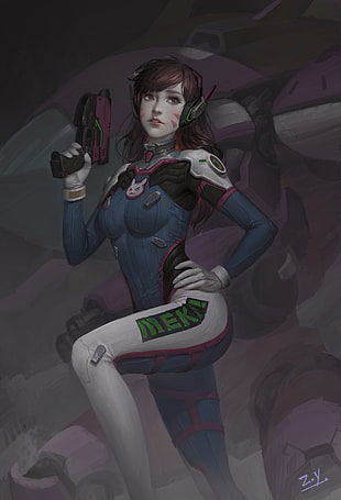 female wearing blue and gray suit holding pistol illustration, Overwatch, D.Va (Overwatch)