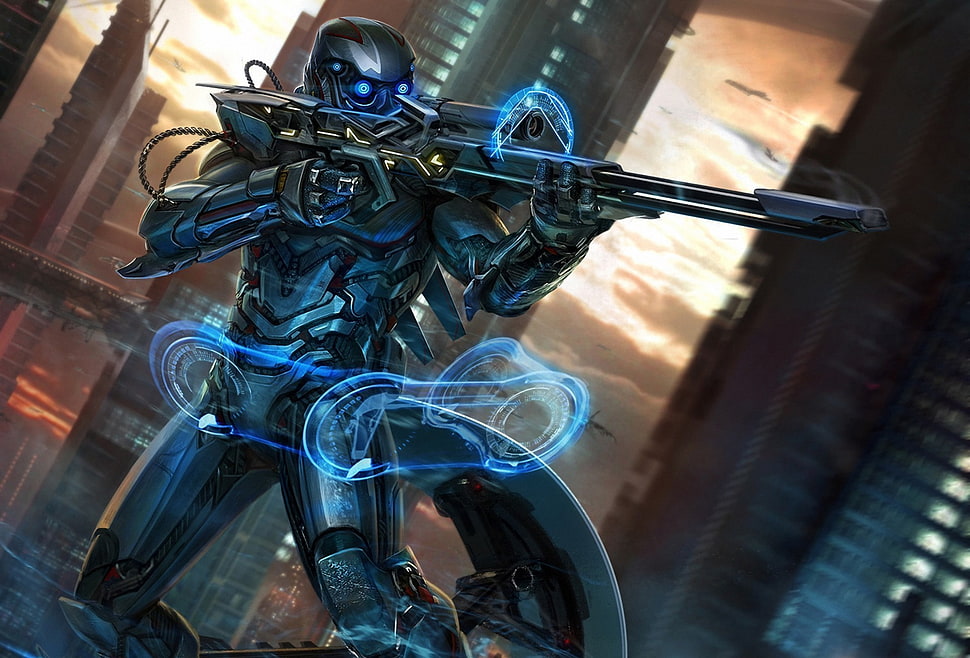 robot holding gun illustration, futuristic, artwork HD wallpaper
