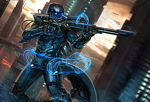 robot holding gun illustration, futuristic, artwork