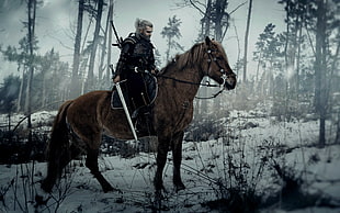 brown horse, The Witcher, Geralt of Rivia, sword, horse HD wallpaper