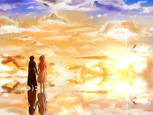 manga illustration, Sword Art Online, Kirigaya Kazuto, Yuuki Asuna, sunset