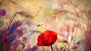 red and yellow floral textile, painting, nature, flowers, poppies
