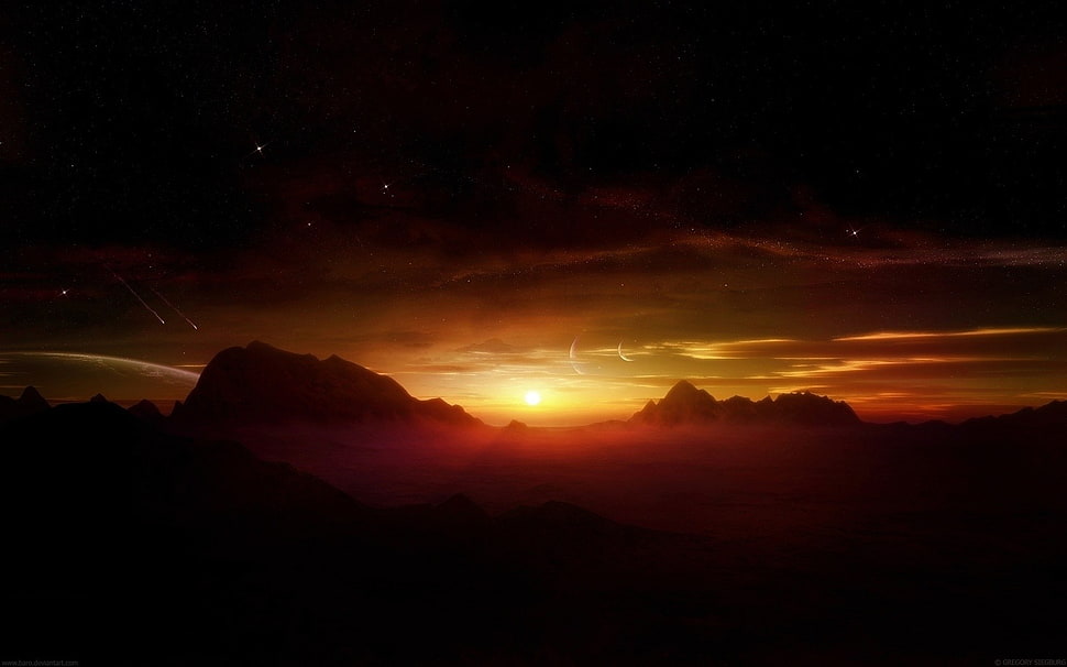 mountain and sunset illustration, planet, sky, digital art HD wallpaper