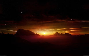 mountain and sunset illustration, planet, sky, digital art