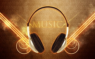 illustration of black and white headphones with MUSIC text in the middle