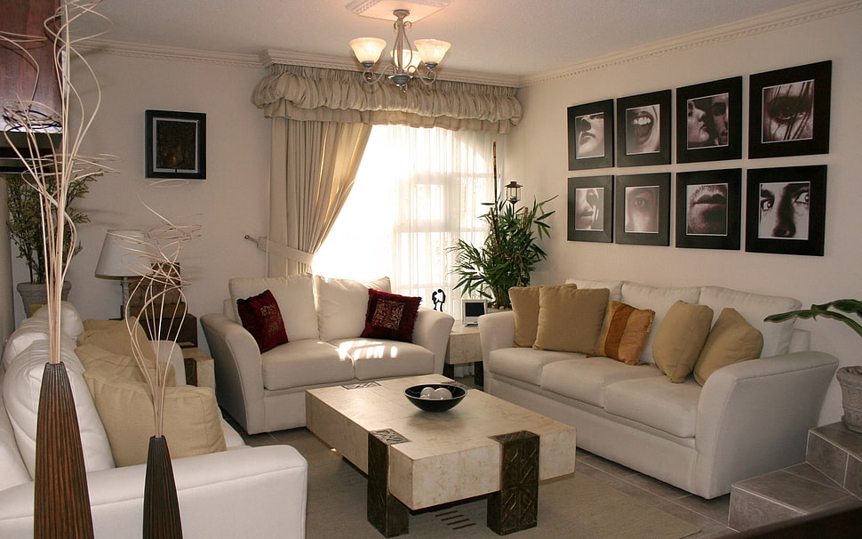 white leather living room sofa set with throw pillows HD wallpaper