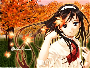 anime girls, fall, smiling, school uniform