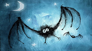 black bat illustration, Moon, bats, blue, stars