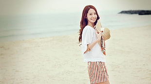 women's white blouse and brown and white striped skirt, Yoona, Girls' Generation, women, Asian HD wallpaper