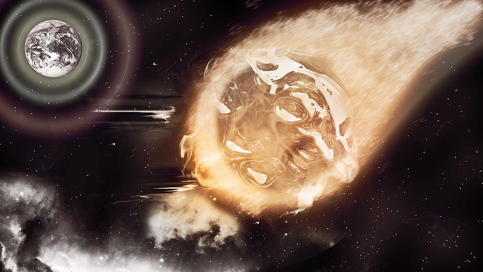 brown comet near gray planet digital wallapaper HD wallpaper