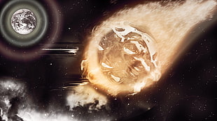 brown comet near gray planet digital wallapaper