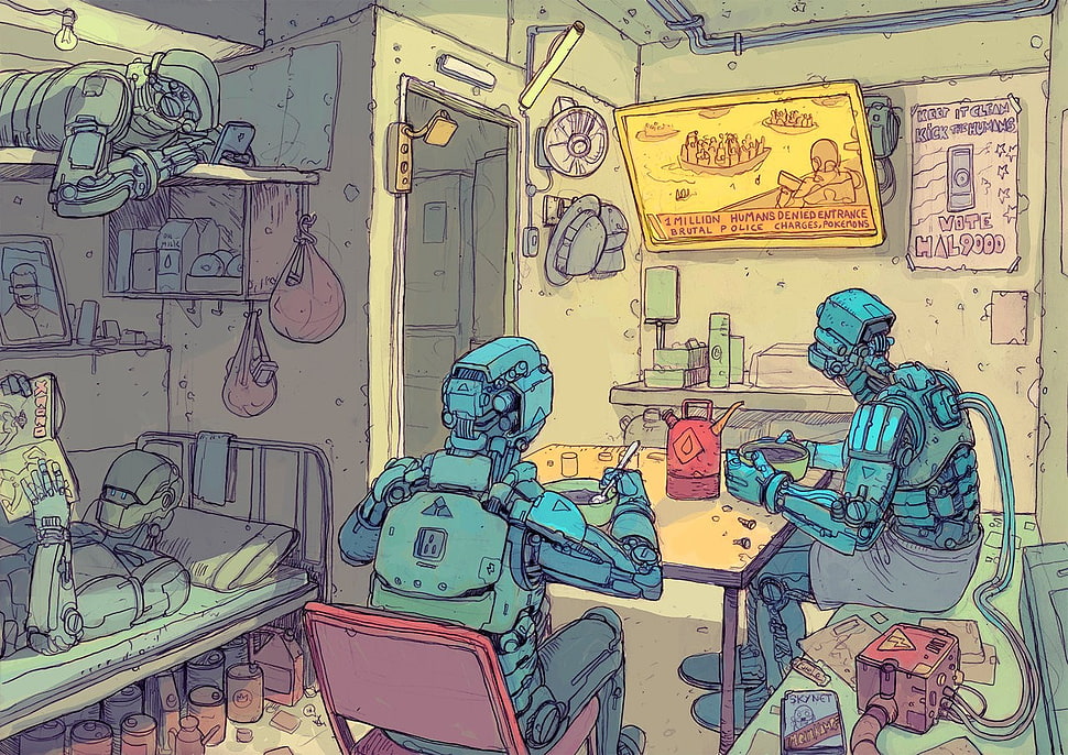 two robot sitting beside desk illustration, drawing HD wallpaper